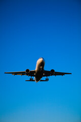 Airliner coming in for landing on a clear blue day.