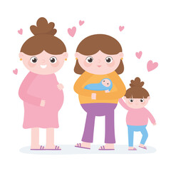 pregnancy and maternity, cute pregnant woman and mom with kids cartoon
