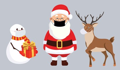 Merry Christmas 2020 - Santa Claus in face mask. Funny greeting card for Christmas in covid-19 pandemic self isolated period.