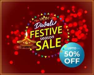 Fototapeta premium Diwali Festive Season Sale banner, 50% off, on beautiful bokeh backgrund. Dipawali, Indian festival, diya lamp, oil lamp, colorful bokeh background, vector illustration offer banner, advertisement