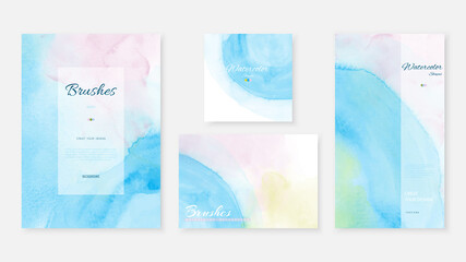 Creative abstract template background set with bright blue watercolor stain