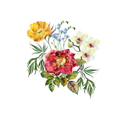  Watercolor bouquet flowers on white background.  Floral illustration .