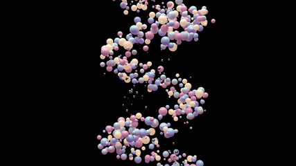 Spiral of colorful balls. Black background. Abstract illustration, 3d render.