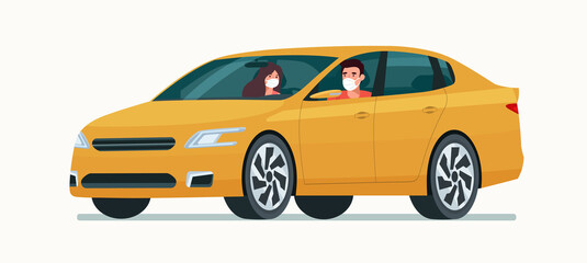Sedan car with a young man and woman in a medical mask isolated. Vector flat style illustration