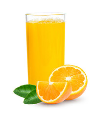 Fresh orange juice in glass or bottle with fruits, isolated on white