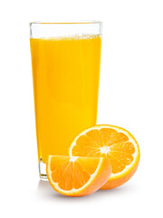 Fresh orange juice in glass or bottle with fruits, isolated on white