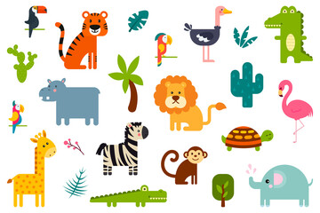 Obraz na płótnie Canvas Set of popular colorful vector tropical animals and birds