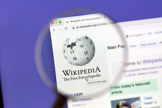 Ostersund, Sweden - October 7, 2020 Wikipedia website under a magnifying glass.. Wikipedia is a free online encyclopedia,