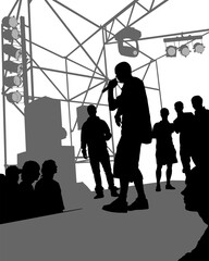 Young man with a microphone reads a rap. Stylized image on theme of hip hop