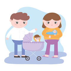 pregnancy and maternity, parents with baby and little boy in the pram