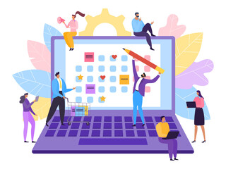 Schedule and agenda in business planner, vector illustration. Calendar for plan event and meeting at office teamwork concept. Man woman character design organizer in laptop, work appointment.