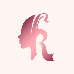 Fototapeta na wymiar Beauty and hair salon vector icon in pink metallic color isolated on light background.Letter K logo with beautiful woman portrait.Typography elegant shape.Luxury,feminine,lady style silhouette.