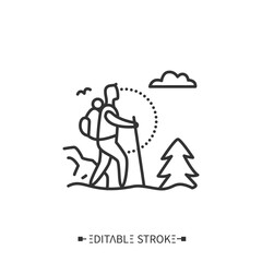 Trekking line icon. Adventure tourism. Mountain tourism. Backpacking. Long distance walking trip with camping stops. Mount climbing.Tourism types concept. Isolated vector illustration.Editable stroke 