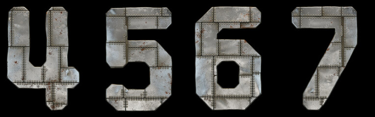 Obraz premium Set of numbers 4, 5, 6, 7 made of industrial metal on black background 3d