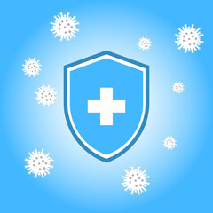 Immune system concept. Hygienic medical blue shield protecting from virus germs and bacteria flat design on background eps 10