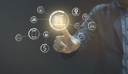 Business man touch .button shop Online / Marketing Online Concept