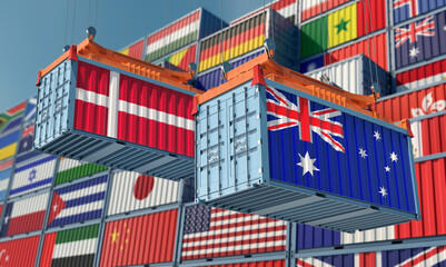 Freight containers with Australia and Denmark national flags. 3D Rendering