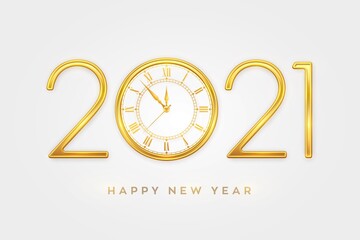 Happy New Year 2021. Golden metallic luxury numbers 2021 with gold shiny watch with Roman numeral and countdown midnight, eve for New Year. Festive poster or holiday banner design. Vector illustration