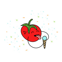 Funny hand-drawn picture of a red tomato eating ice cream. Vegetables. Doodles.