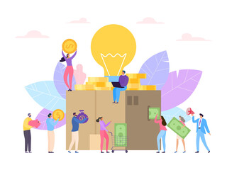 Business flat money design, crowdfunding concept vector illustration. Investor idea project, success people crowd contribute. Global donation and investment in idea, support service.