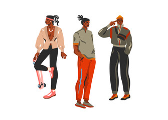 Hand drawn vector flat abstract stock graphic illustrations collection set with young happy black african american beauty male guys, in fashion street outfit isolated on white background
