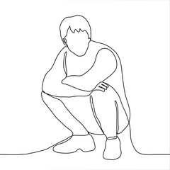 young man sits on his haunches with his hands folded on his knees. one line drawing man squat