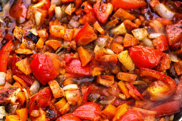 Close up of fried vegetables food background.