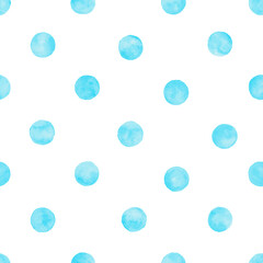 Polka dot blue teal watercolor seamless pattern. Abstract watercolour color circles on white background