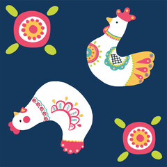 Repeatable pattern. Ethnic folk  illustration. Country living. Stylized flowers, chicken and cockerel pattern fill. Dymkovo style. Digital seamless paper. Endless pattern