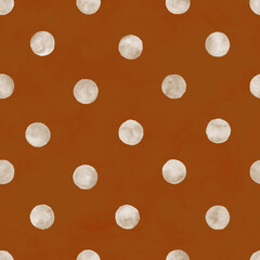 Polka dot watercolor seamless pattern. Abstract watercolour white color circles on brown background