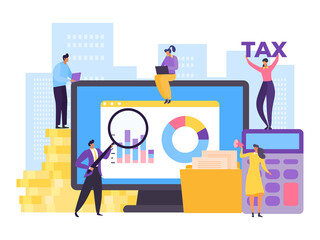 Business financial management, money tax service vector illustration. People character accounting and analysis flat design. Report chart at computer, finance income technology concept.