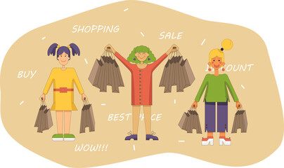 Vector illustration of three young happy women with shopping bags on the background of text: sale, buy, discount, shopping. Illustration in the style of a cartoon. It can be used for websites, books