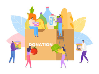 Food charity community, volunteer donate product, vector illustration. Woman man help by assistance, donation and aid concept. Social care about people, volunteering support giving to box.