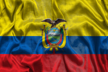 Ecuador national flag background with fabric texture. Flag of Ecuador waving in the wind. 3D illustration
