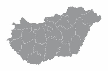 The Hungary map divided in counties and isolated on white background