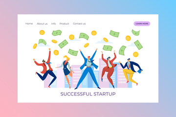 Successful business money, happy man woman vector illustration. Success people character jumping with cartoon dollar concept. Financial rich and flat wealth, currency economy rain design.