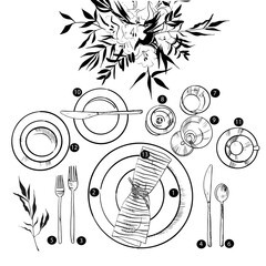 Banquet tableware set. Vector sketch illustration.