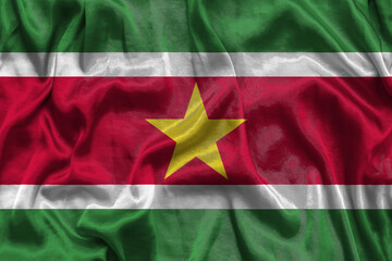 Suriname national flag background with fabric texture. Flag of Suriname waving in the wind. 3D illustration