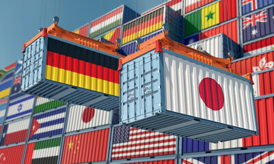 Freight containers with Japan and German national flags. 3D Rendering