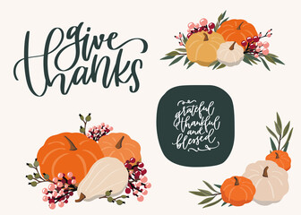 Thanksgiving clipart set with calligraphy quotes and pumpkin isolated vector images. Fall berries, vegetables and leaves combined with lettering messages for cards, banner decorative elements or wall 