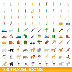 100 travel icons set. Cartoon illustration of 100 travel icons vector set isolated on white background