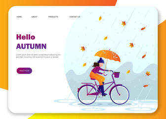 Young woman with umbrella rides a bike under the rain illustration.