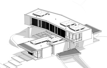 Fototapeta premium 3d rendering of modern cozy house on the hill with garage and pool for sale or rent. Black line sketch with soft light shadows on white background.