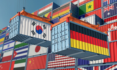 Freight containers with South Kora and German national flags. 3D Rendering