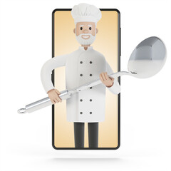 Chef at the smartphone screen. Online cooking courses, proper cooking. Delivery from the restaurant 3D illustration in cartoon style.