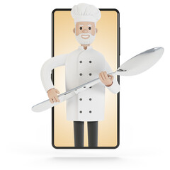 Chef at the smartphone screen. Online cooking courses, proper cooking. Delivery from the restaurant 3D illustration in cartoon style.