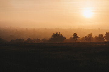 Foggy morning landscape in autumn Ukrainian field