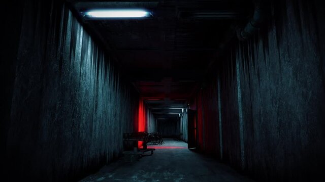 Dark creepy psychiatric ward hallway with flickering light, horror scene