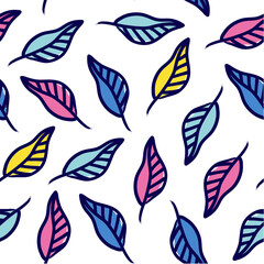 Multi-colored leaves seamless pattern, white background. Abstract leaves texture. Wrapping paper or fabric.