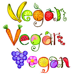 Vegan vector set. Hand drawn lettering. Colorful illustration